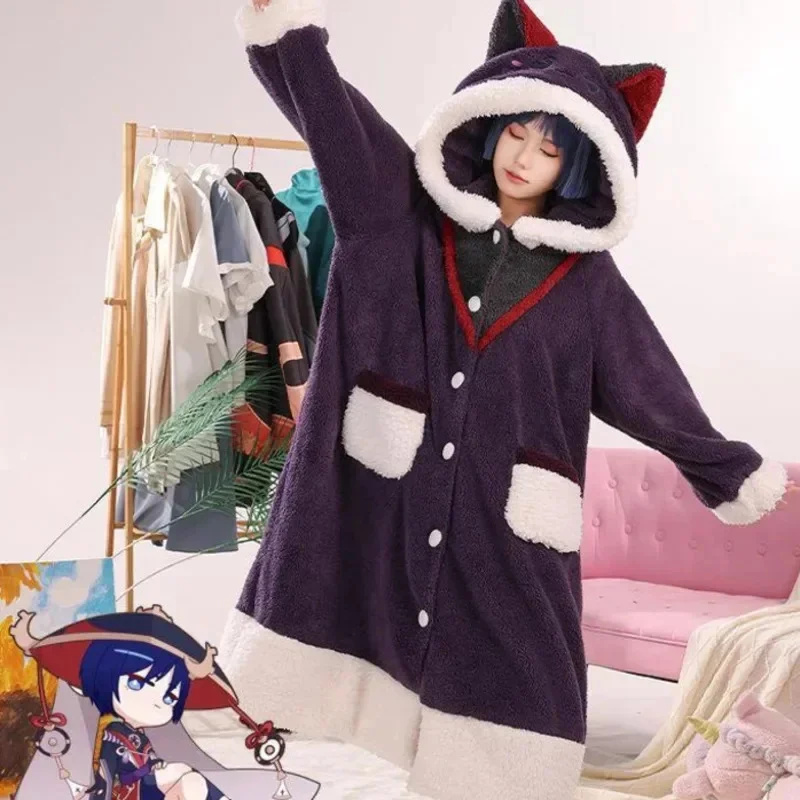 Anime Cosplay Thick - Genshin Impact คอสเพลย์ชุดนอนอะนิเมะ Unisex ฤดูใบไม้ร่วงฤดูหนาวเสื้อคลุมอาบน้ํา Plush